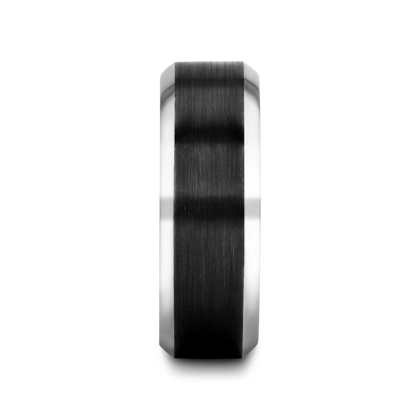 ATNOS Men’s Black Titanium Wedding Ring with Brushed Center and Polished Beveled Edges — 6mm & 8mm