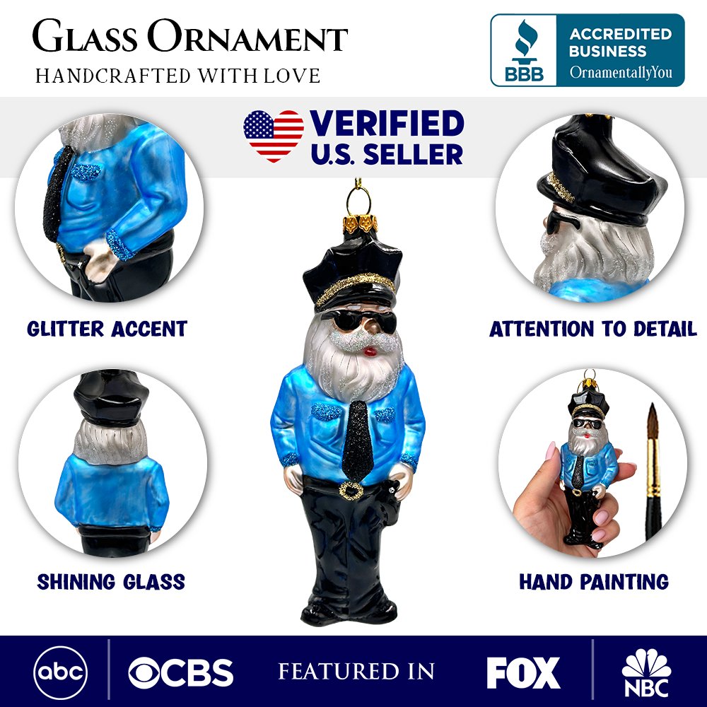 Santa the Police Officer Glass Christmas Ornament, Law Enforcement Cop Tree Decor