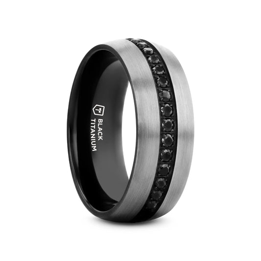 AVIATOR Domed Brushed Titanium Men's Wedding Band with Black Sapphire Stones Inlay - 8mm