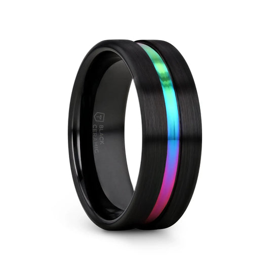 AZURE Flat Black Ceramic Ring Brushed with Rainbow Groove - 4mm - 8mm