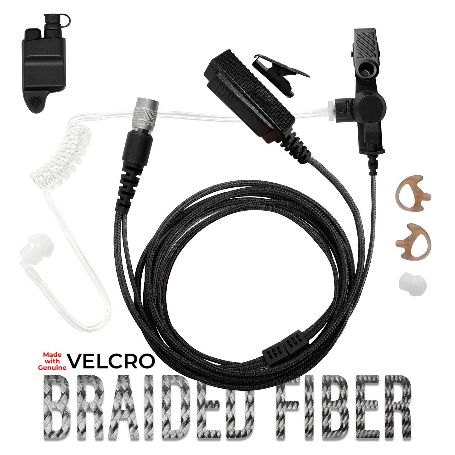 Velcro Tactical Mic & Earpiece Braided Fiber Kit w/ Quick Disconnect (Hirose) - Harris: All P5300 P5400 P5500 P7300 Series, XG-15/25/75, XL-45, XL-95 & More