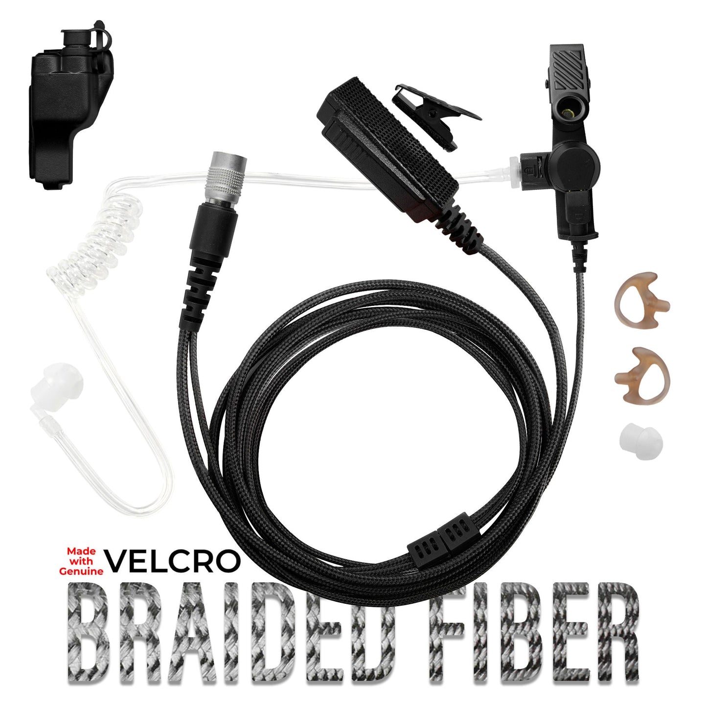 Velcro Tactical Mic & Earpiece Braided Fiber Kit w/ Quick Disconnect (Hirose) - EF Johnson 51, 5000, 5100, 7700, 8100 Series, Ascend, Kenwood VP400, VP600, VP900 & More