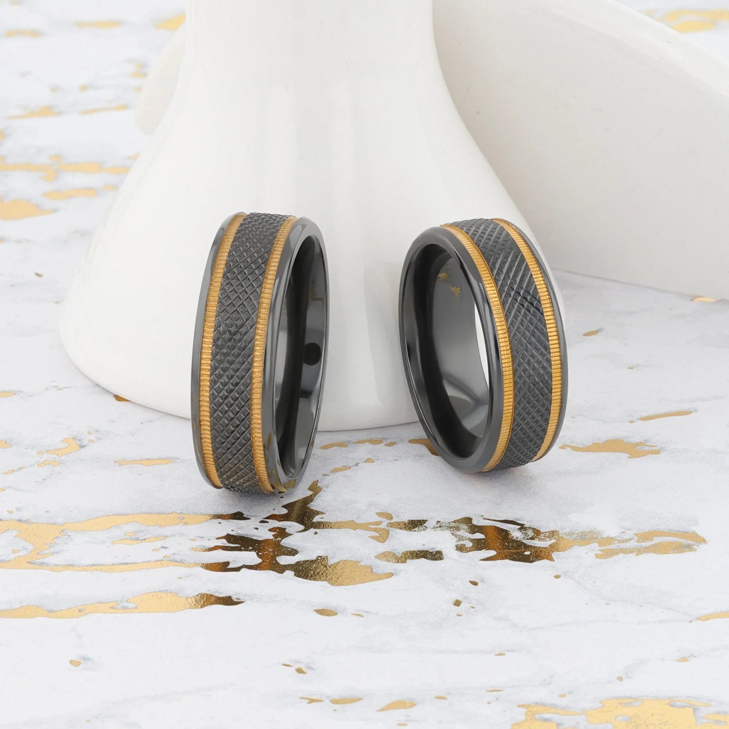 BAROQUE Black Titanium Diamond Pattern Brushed Finish Men’s Wedding Ring with Gold Milgrain Grooves – 8mm