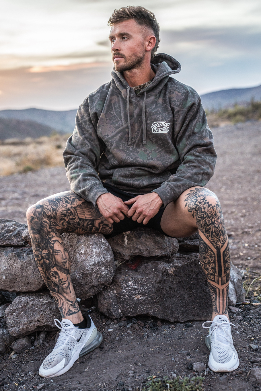 Lift Heavy. Trust God. - Premium Darkwood Camo Hoodie