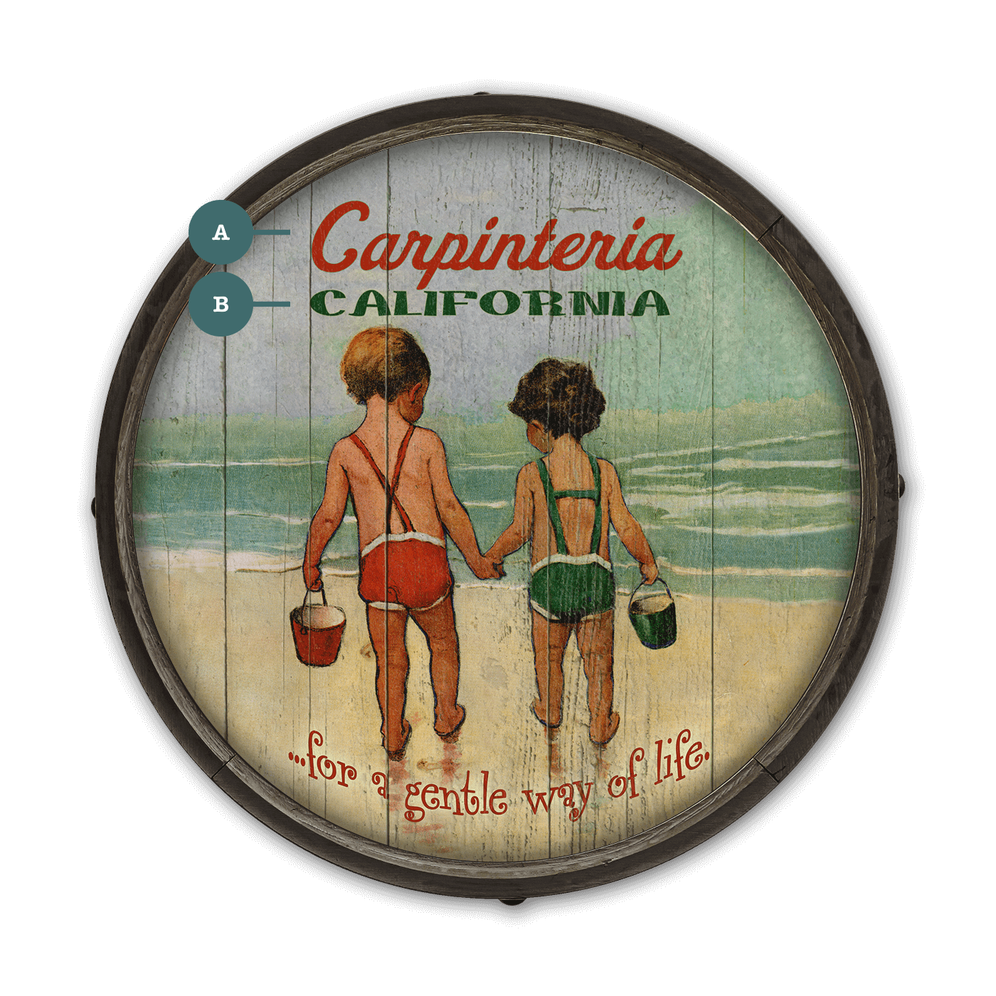 Hand in Hand: Children's Beach Time - Barrel End Wall Art
