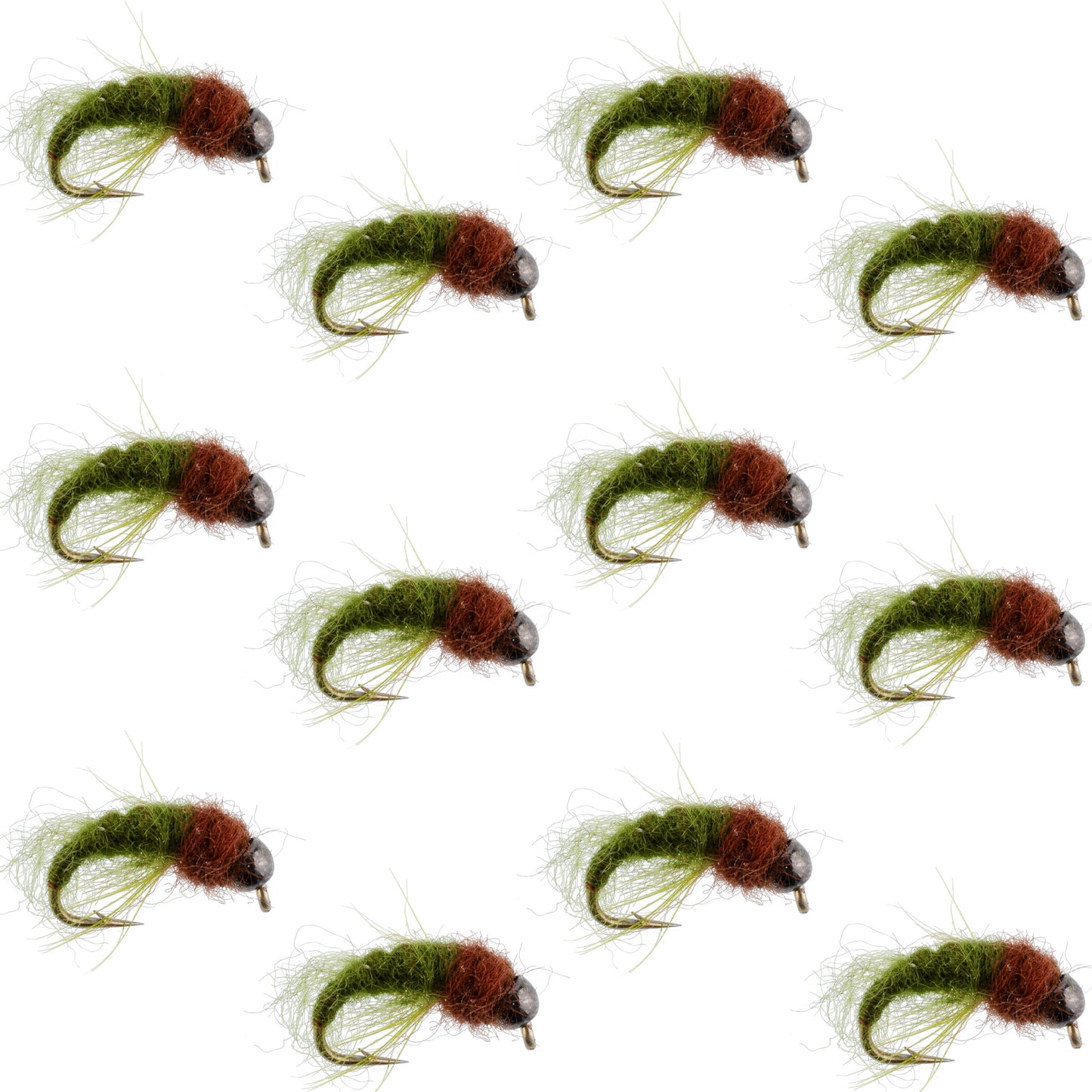 Bead Head Olive Brown Caddis Larva Nymph 12 Flies - Hook Size 12