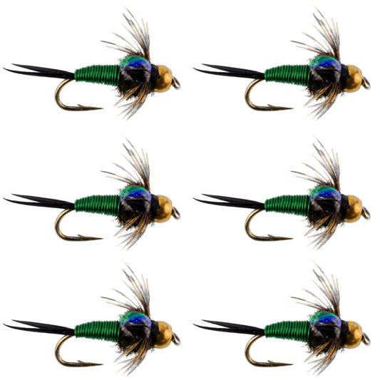 Bead Head Green Copper John Nymph Fly Fishing Flies - Set of 6 Flies Hook Size 14
