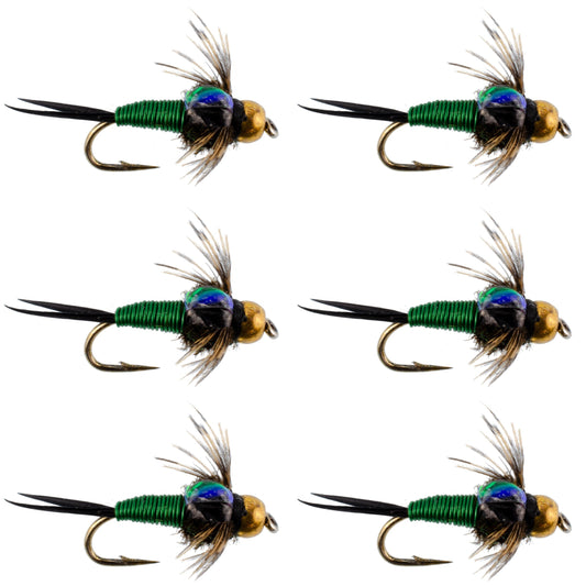 Bead Head Green Copper John Nymph Fly Fishing Flies - Set of 6 Flies Hook Size 16