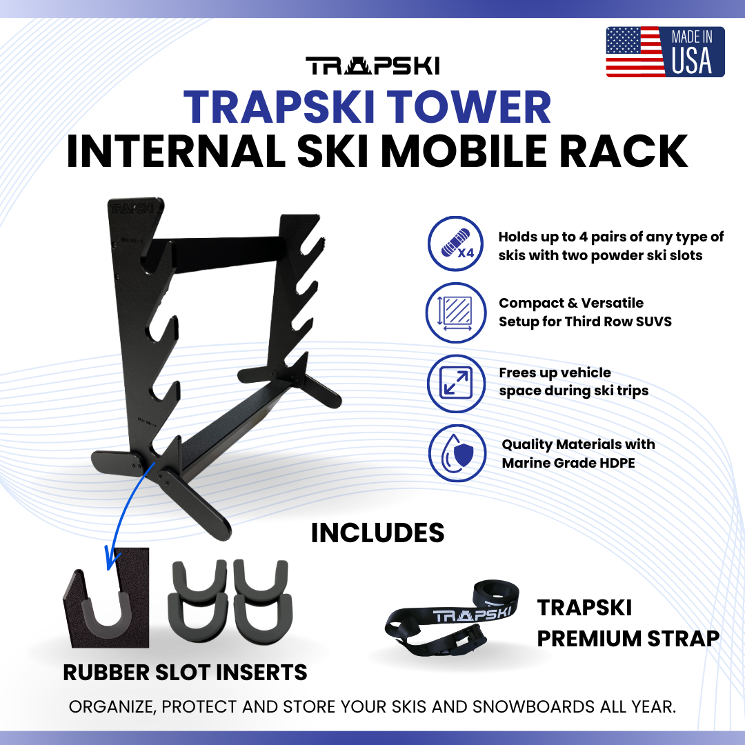 The TRAPSKI Tower with Security Strap | Internal Ski Mobile Rack | SUVs, Vans, Crossovers, Hatchbacks | Third Row SUVS