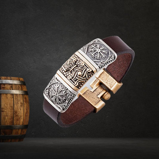 Viking Leather & Bronze Helm of Awe - Mjolnir - Vegvisir bracelet
