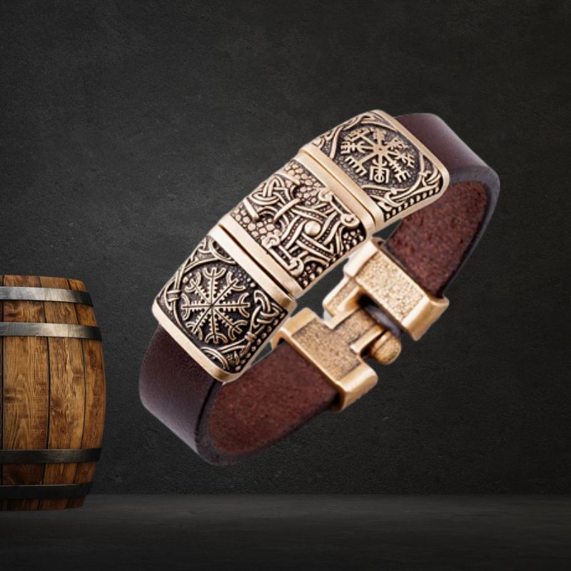Viking Leather & Bronze Helm of Awe - Mjolnir - Vegvisir bracelet