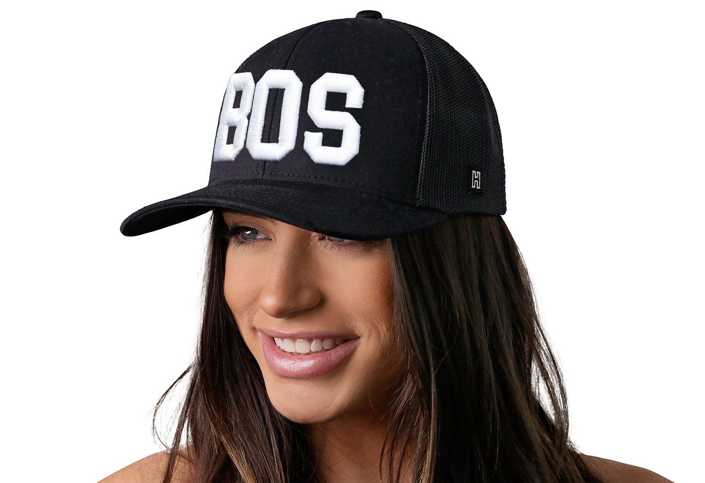 Boston White Block Trucker Hat  |  Black Massachusetts Snapback