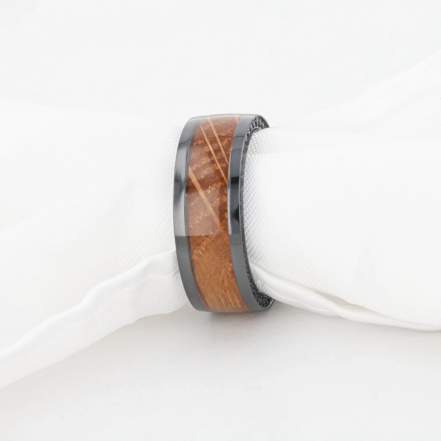 BOURBON Black Zirconium Ring with Whiskey Barrel Wood Inlay and Black Sapphires - 8mm