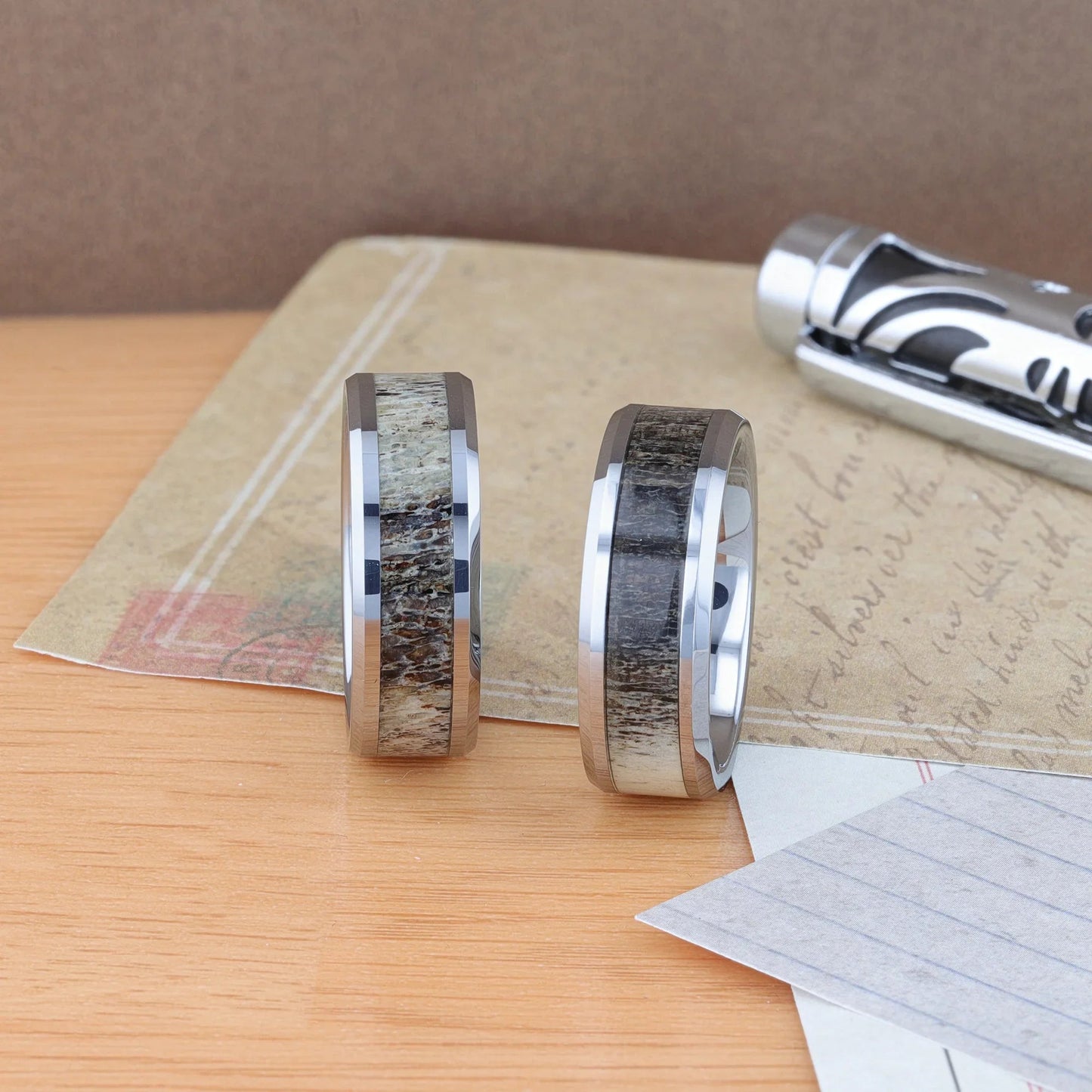 BUCK Polished Beveled Tungsten Carbide Men's Wedding Band with Ombre Deer Antler Inlay - 6mm & 8mm