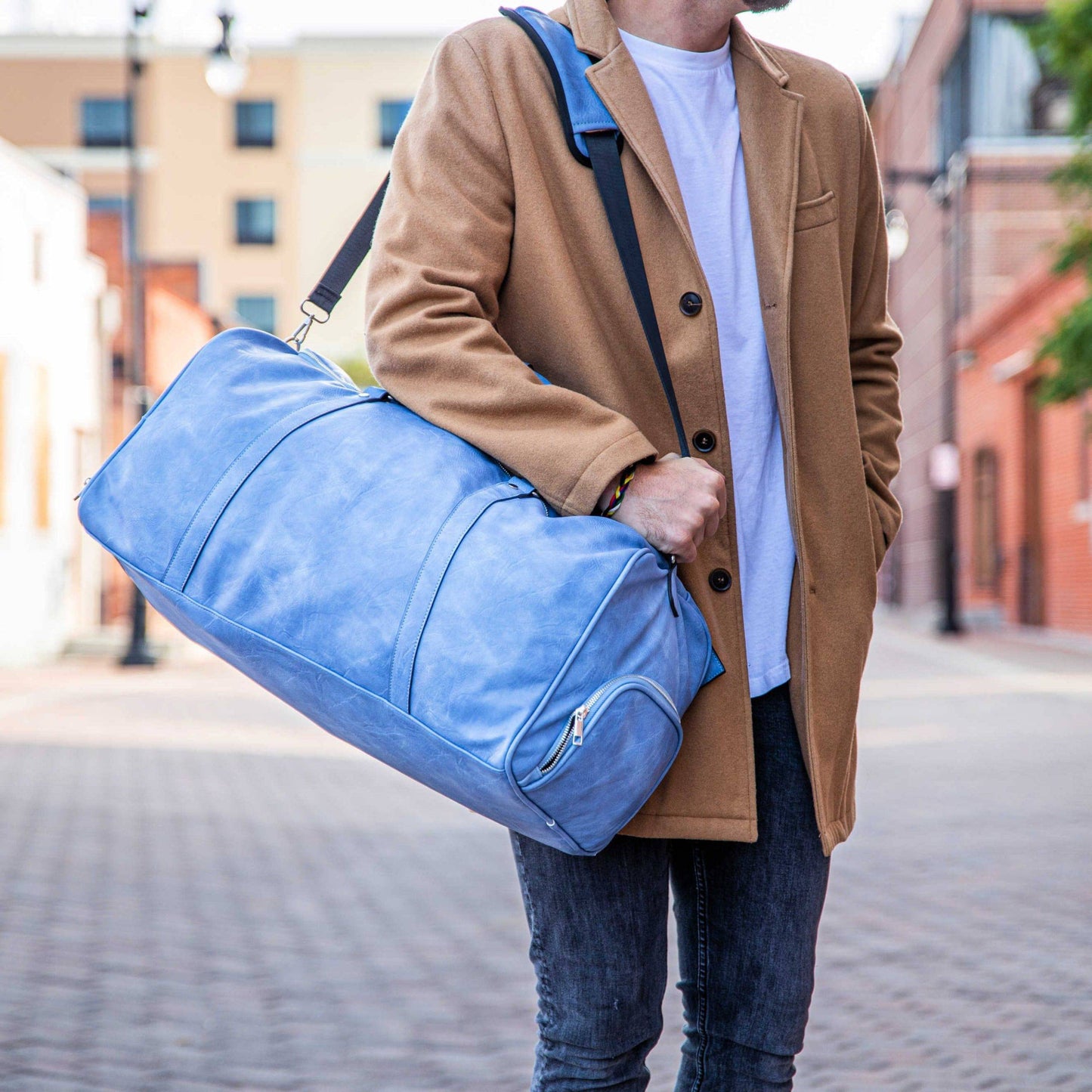 Baby Blue Leather Duffle Bag