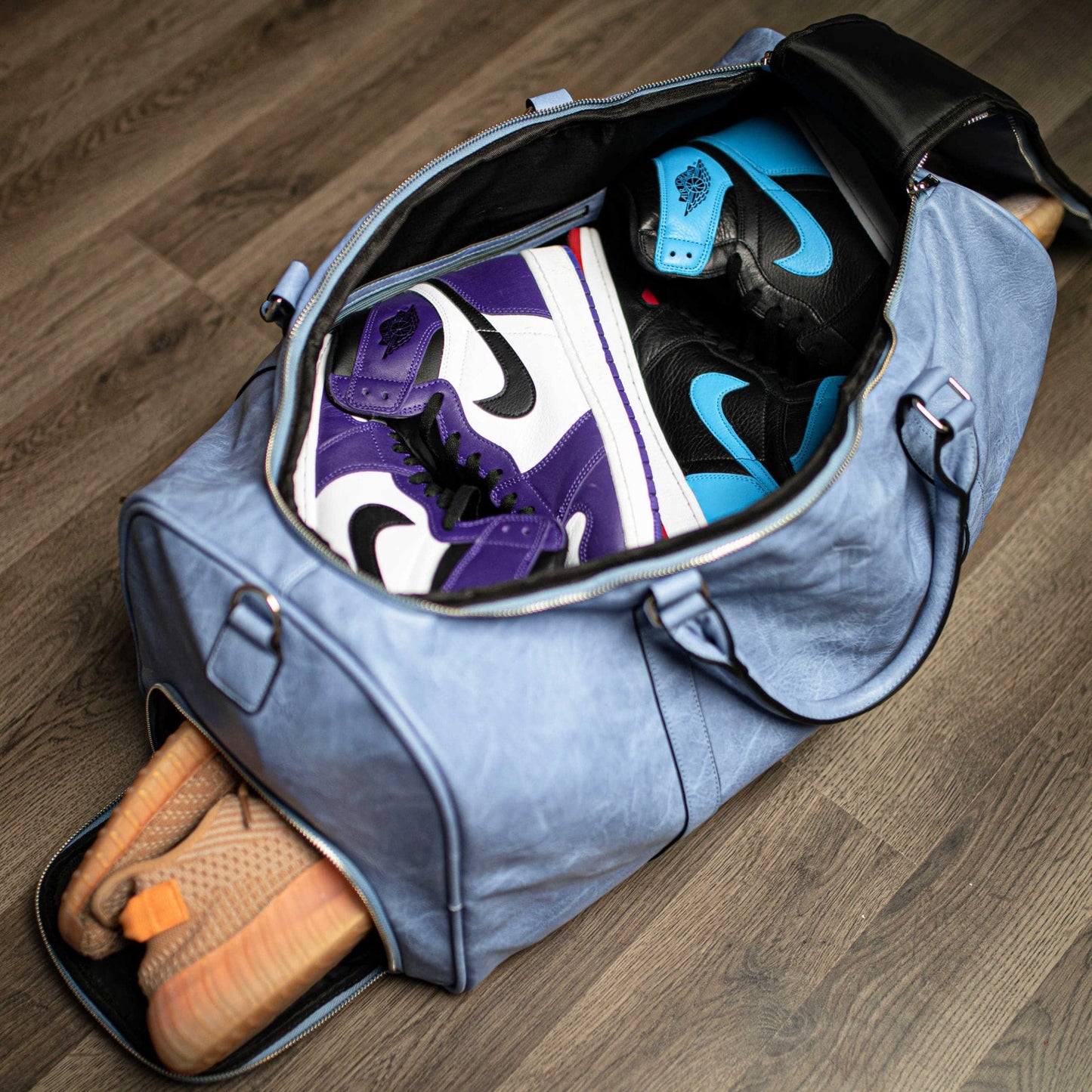 Baby Blue Leather Duffle Bag