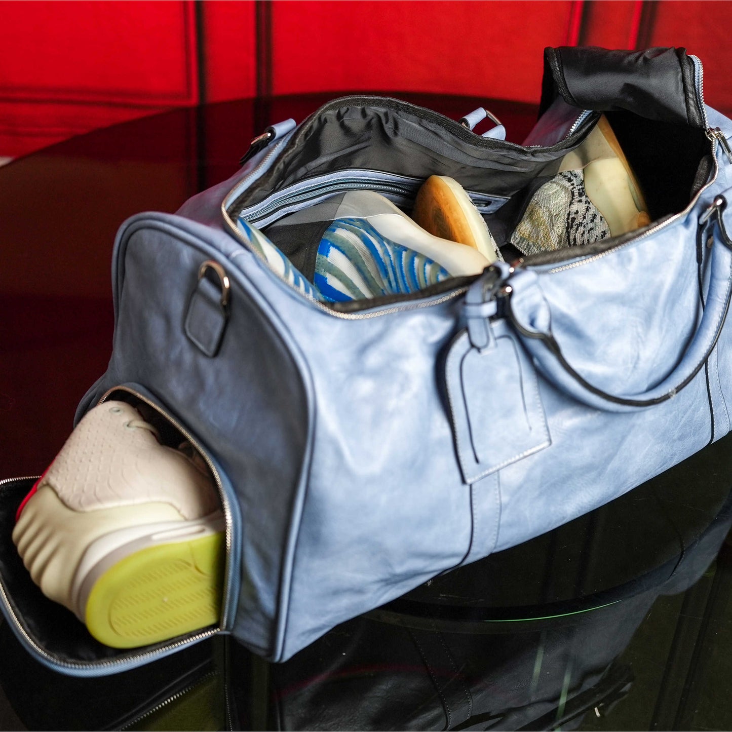 Baby Blue Leather Duffle Bag