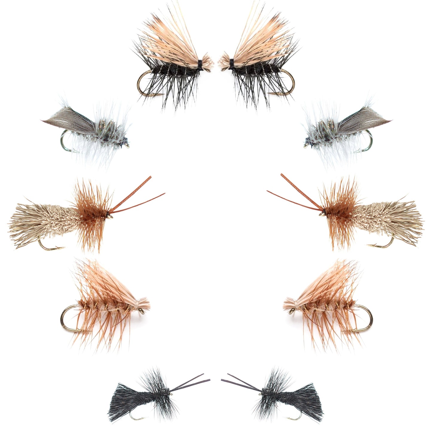 Basics Collection - Essential Caddis Dry Fly Assortment - 10 Dry Fishing Flies - 5 Patterns - Hook Sizes 12, 14, 16, 18