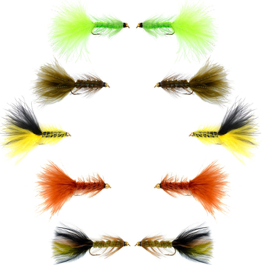 Basics Collection - Crystal Woolly Bugger Assortment - 10 Bead Head Wet Flies - 5 Patterns - Hook Size 8