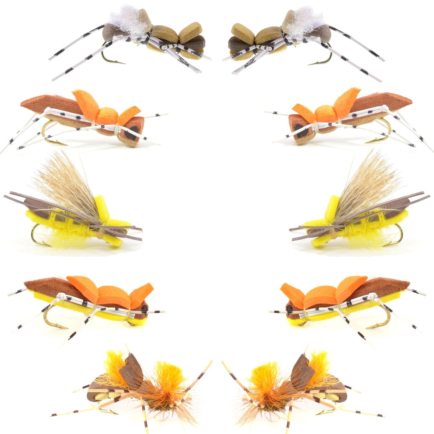 Basics Collection - Foam Hoppers Dry Fly Assortment - 10 Dry Fishing Grasshopper Flies - 5 Patterns - Hook Size 10