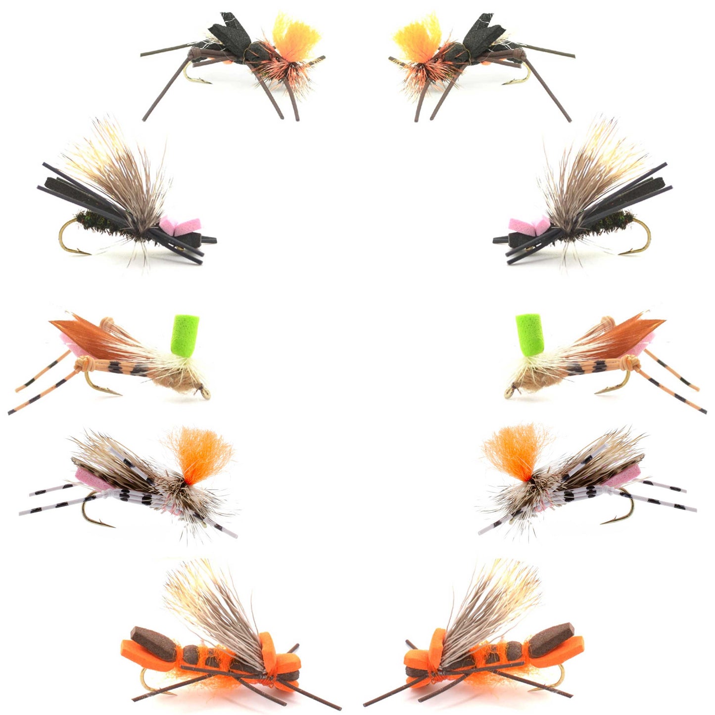 Basics Collection - Foam Hoppers Dry Fly Assortment #2 - 10 Dry Fishing Grasshopper Flies - 5 Patterns - Hook Size 10