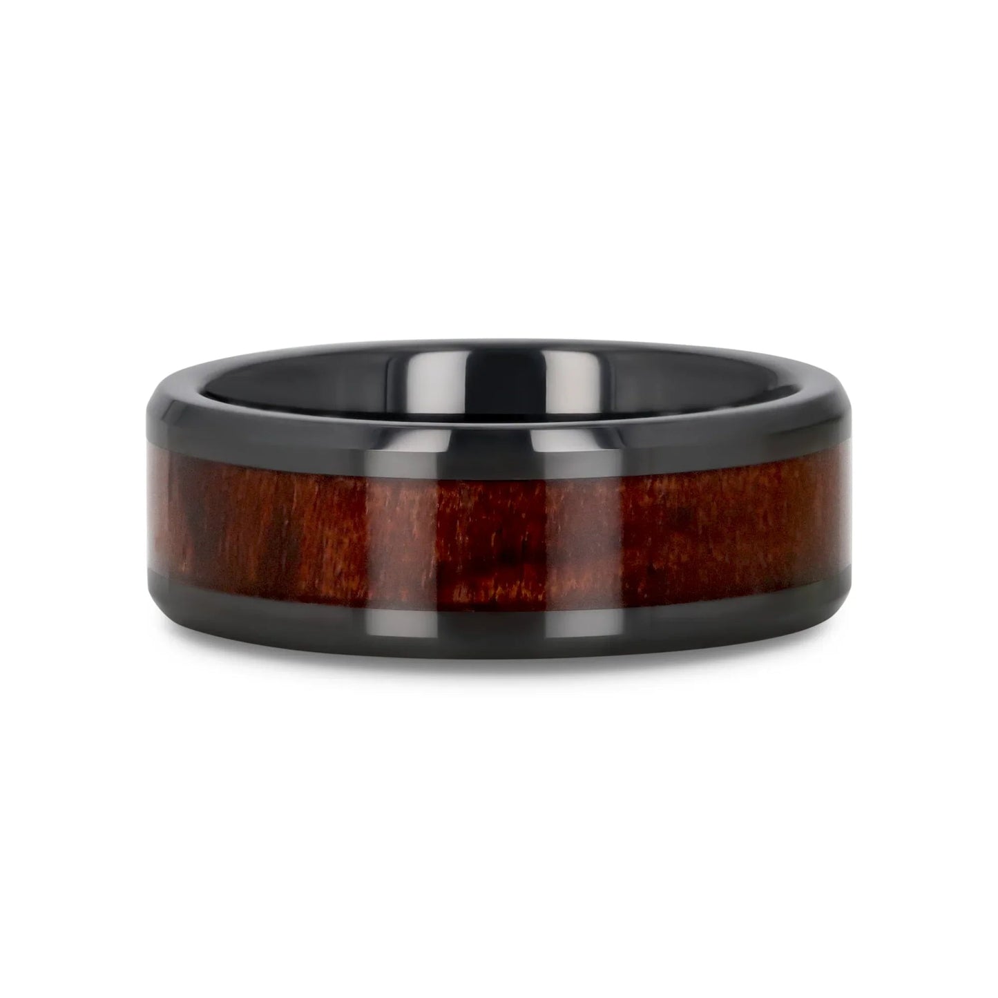BENNY Black Ceramic Polished Beveled Edges Men’s Wedding Band with Bubinga Wood Inlay - 8mm