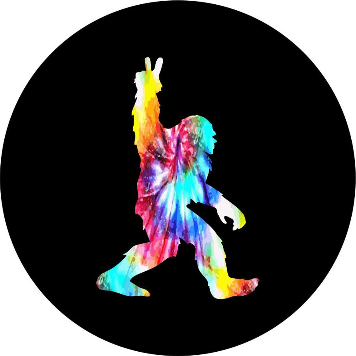 Tie Dye Walking Bigfoot - Sasquatch Peace Spare Tire Cover for Broncos, Jeeps, Campers, RV, & More