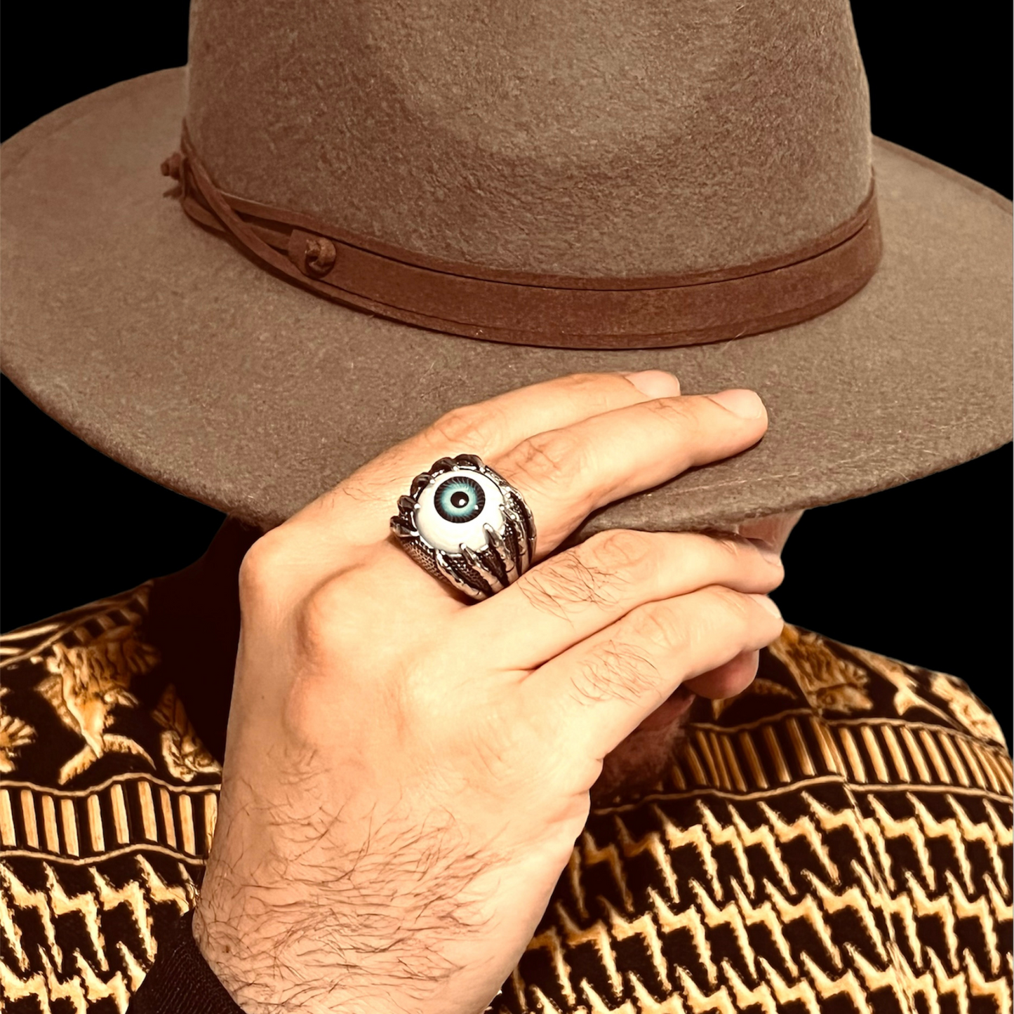 Stainless Steel Skeleton Hands Holding Blue Eyeball Ring