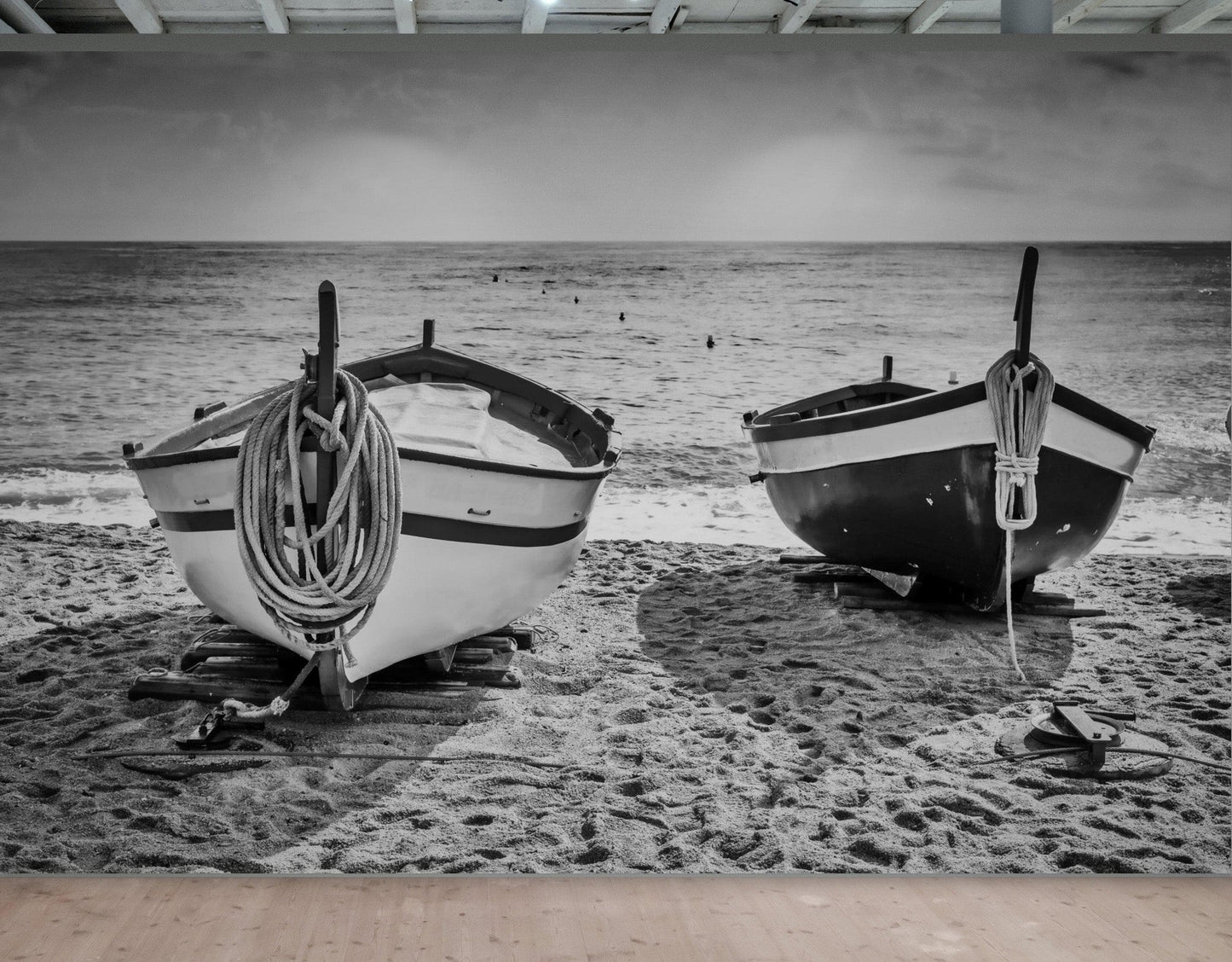 Black and White Nautical Theme Wallpaper Mural. Boat on Shore Wall Mural. #FT-380
