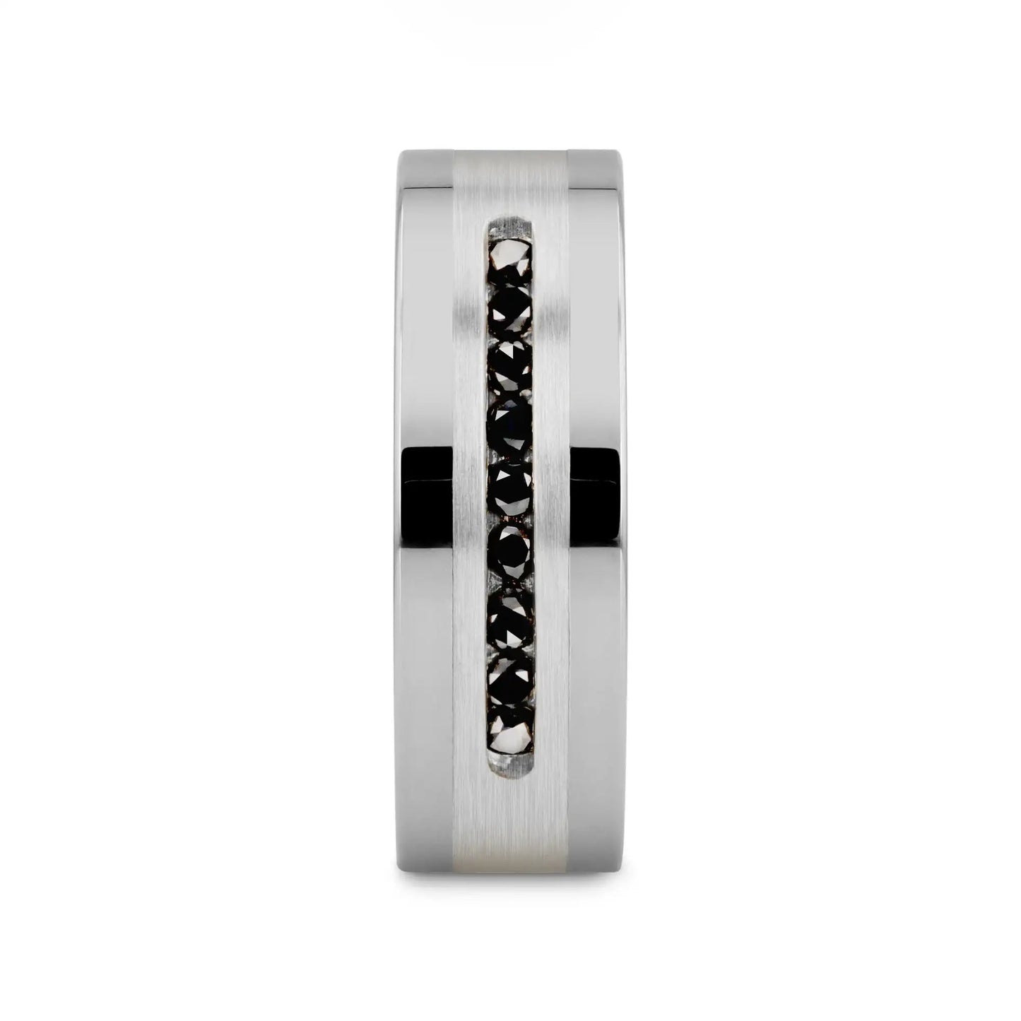 BLACKSTONE Flat Tungsten Wedding Band with Brushed Silver Inlay Center and 9 Channel Set Black Diamonds - 8mm