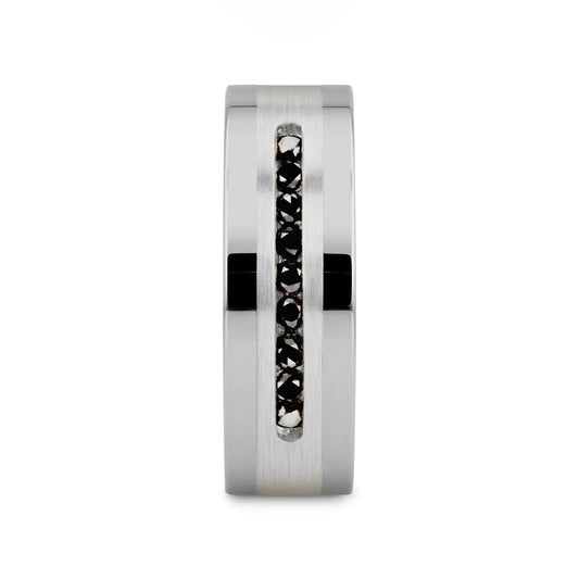 BLACKSTONE Flat Tungsten Wedding Band with Brushed Silver Inlay Center and 9 Channel Set Black Diamonds - 8mm