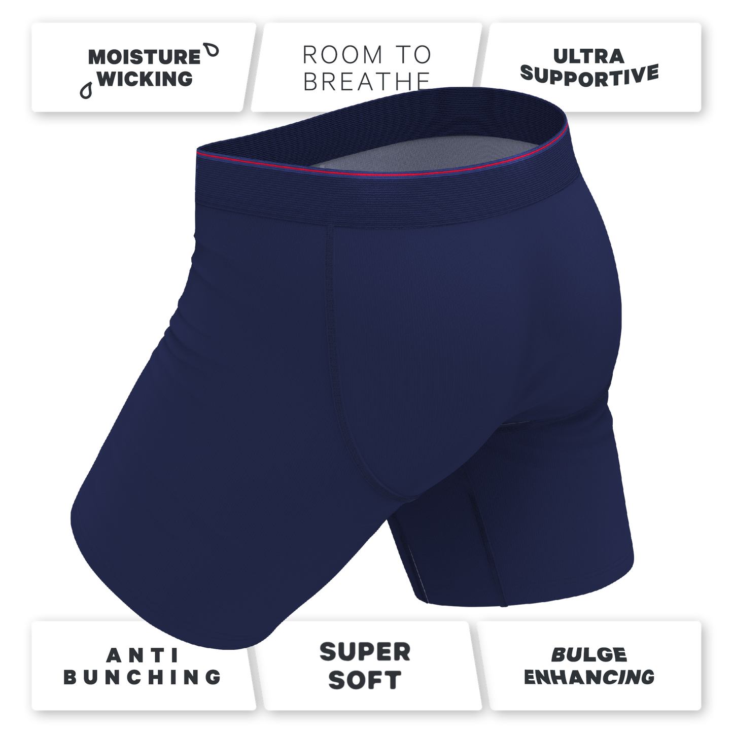 The Blueberry Pie | Red Tip Navy Long Leg Ball Hammock® Pouch Underwear With Fly
