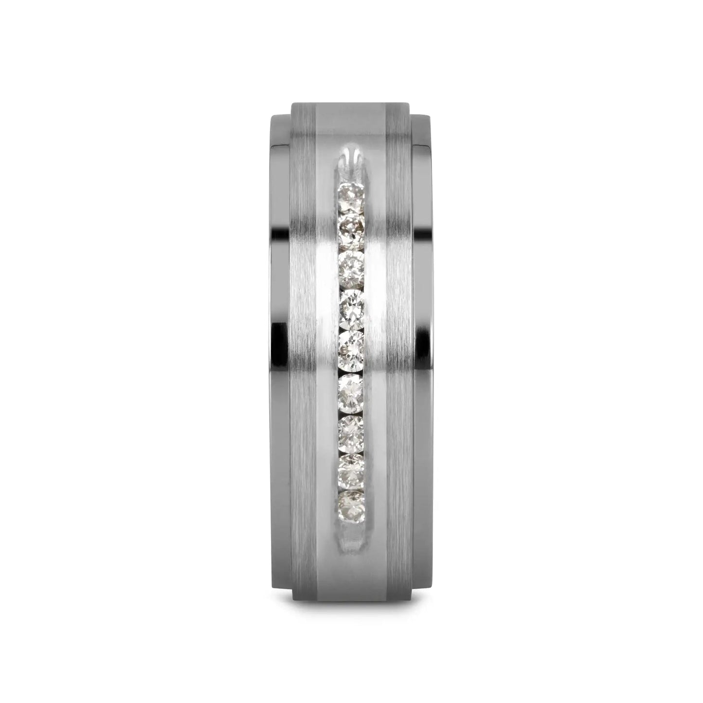BOND Flat Brushed Silver Inlaid Titanium Men's Wedding Band With 9 Channel Set White Diamonds - 8mm