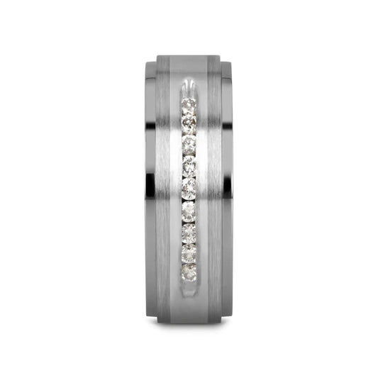 BOND Flat Brushed Silver Inlaid Titanium Men's Wedding Band With 9 Channel Set White Diamonds - 8mm