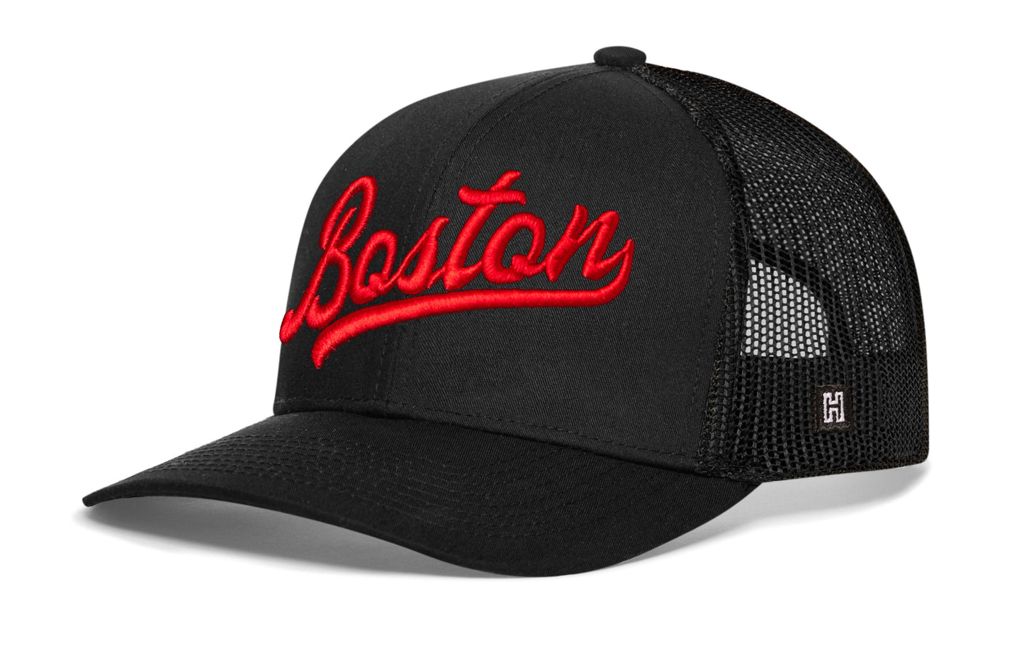 Boston Red Script Trucker Hat  |  Black Massachusetts Snapback