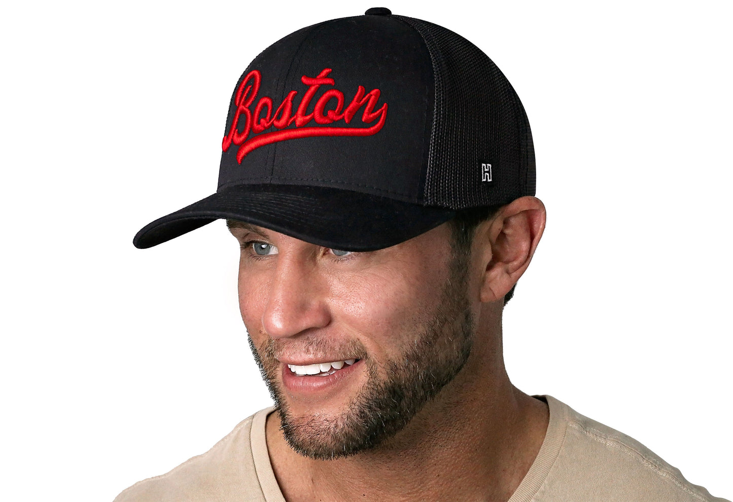 Boston Red Script Trucker Hat  |  Black Massachusetts Snapback