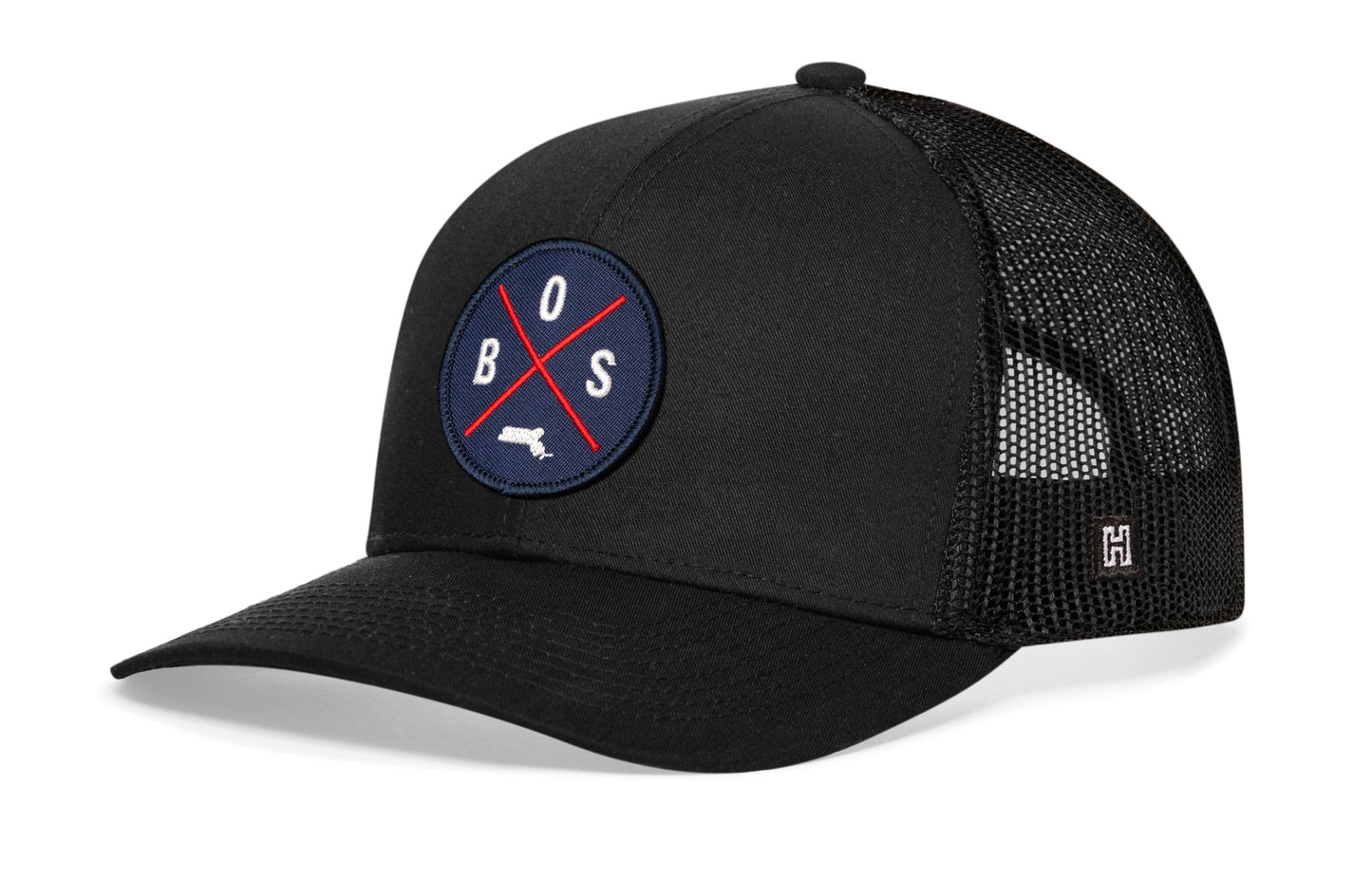 Boston Trucker Hat  |  Navy-Red BOS X  |  Black Snapback