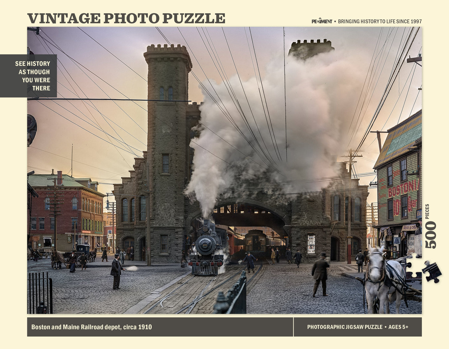 Vintage Photo Puzzle: Boston and Maine Railroad Depot, 1910: 500 Pieces