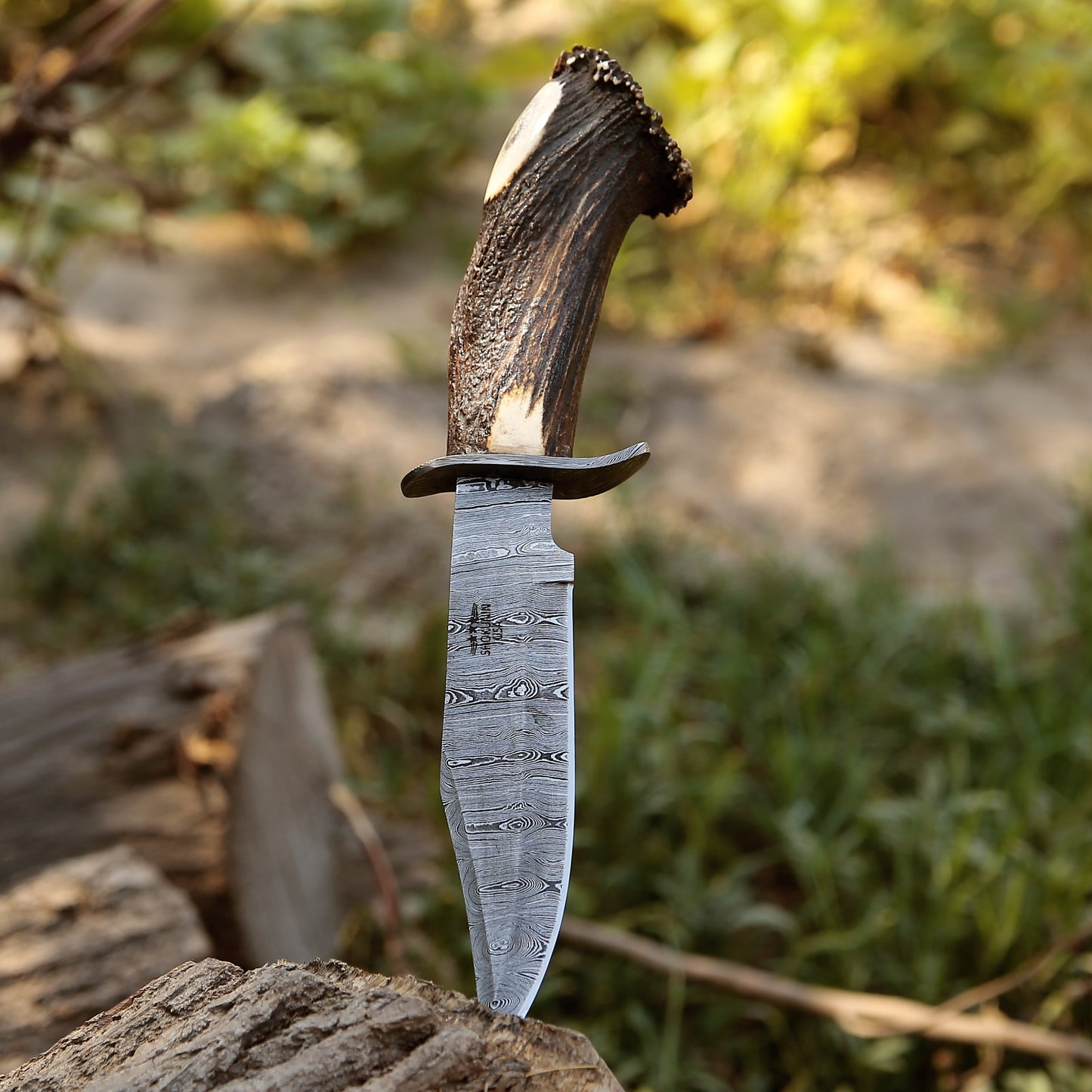 Wildfire Damascus Bowie Knife with Stag Horn Handle