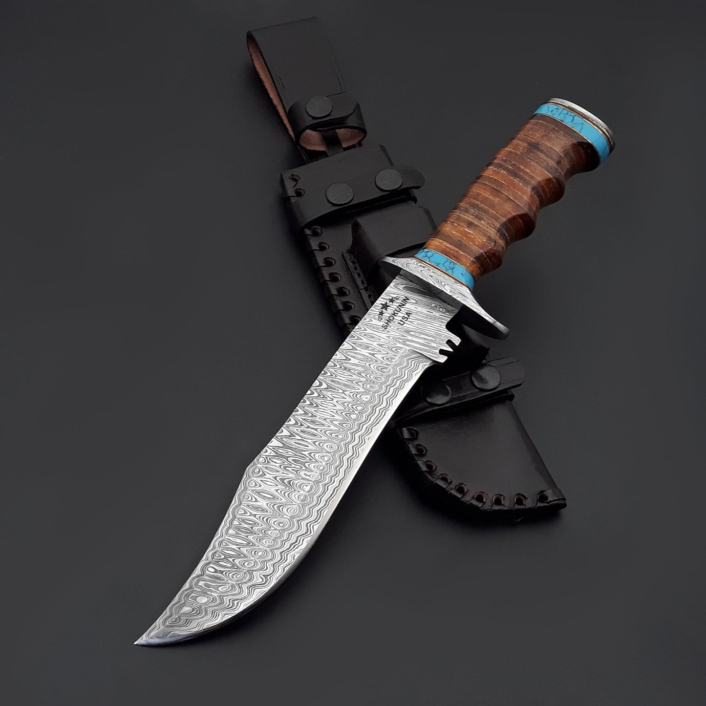 Envoy Damascus Hunting Knife with Stacked Leather Handle