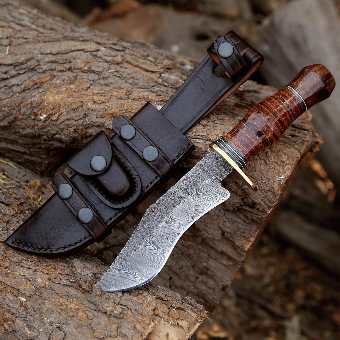 Hawk 11.5" Damascus Hunting Bowie Knife with Stacked Leather Handle