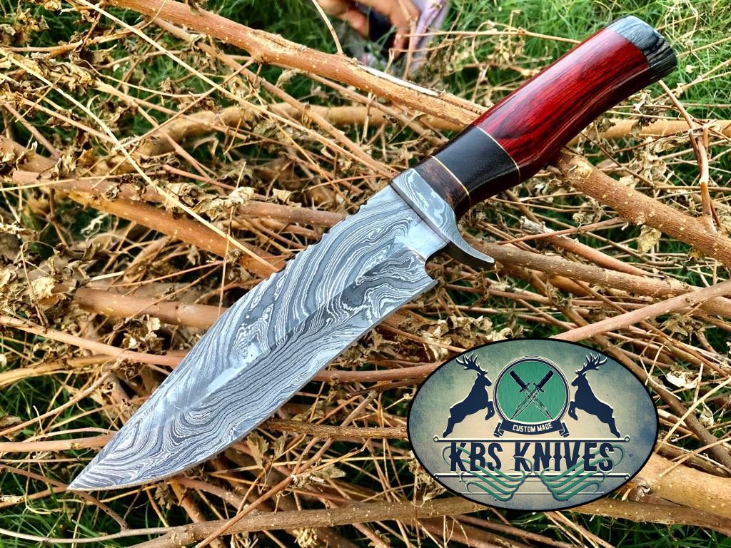 Bowie Knife with Sheath for Sale – Custom Handmade Damascus Steel Blade, Colored Wood & Buffalo Horn Handle with Damascus Guard | 12.5-Inch Hunting Knife – KBS Knives