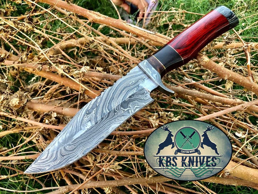 Bowie Knife with Sheath for Sale – Custom Handmade Damascus Steel Blade, Colored Wood & Buffalo Horn Handle with Damascus Guard | 12.5-Inch Hunting Knife – KBS Knives