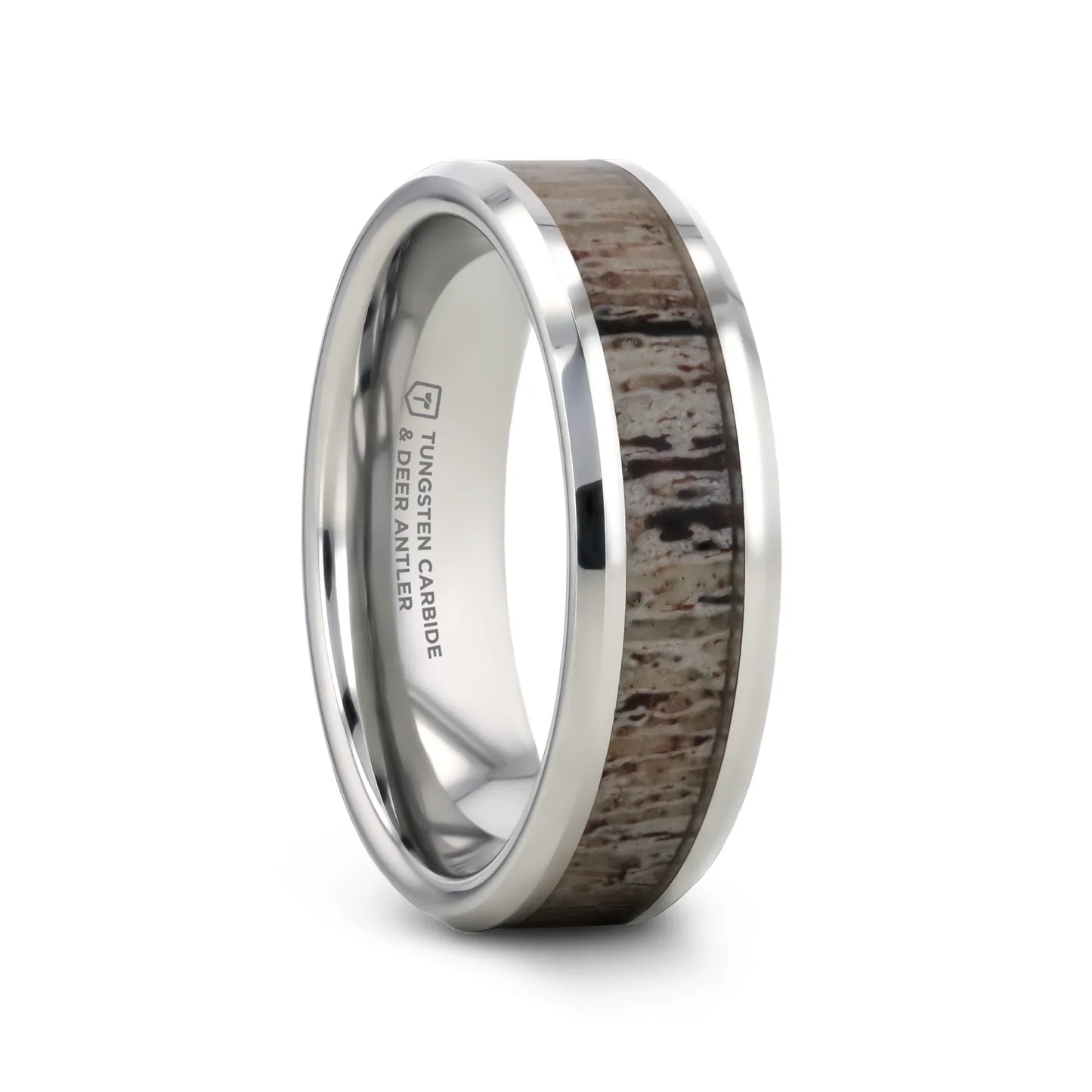 BUCK Polished Beveled Tungsten Carbide Men's Wedding Band with Ombre Deer Antler Inlay - 6mm & 8mm