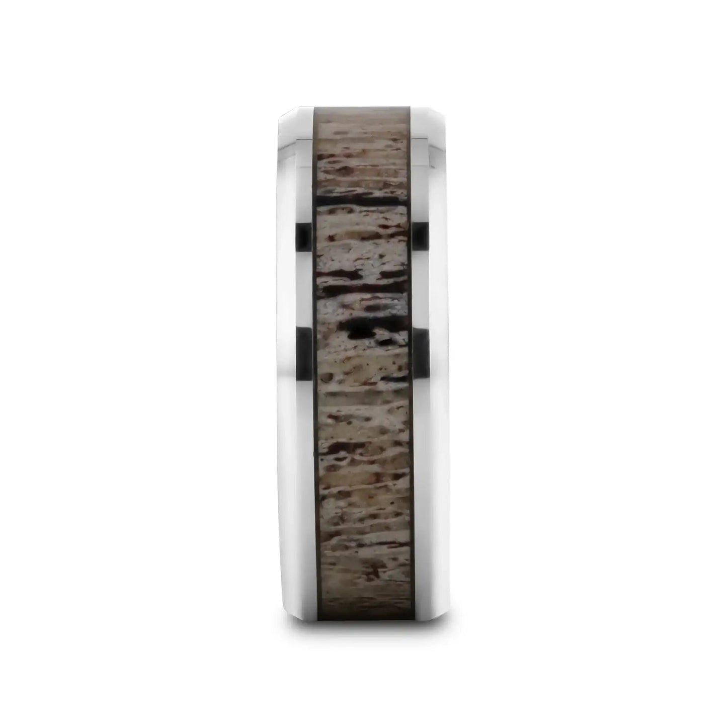 BUCK Polished Beveled Tungsten Carbide Men's Wedding Band with Ombre Deer Antler Inlay - 6mm & 8mm