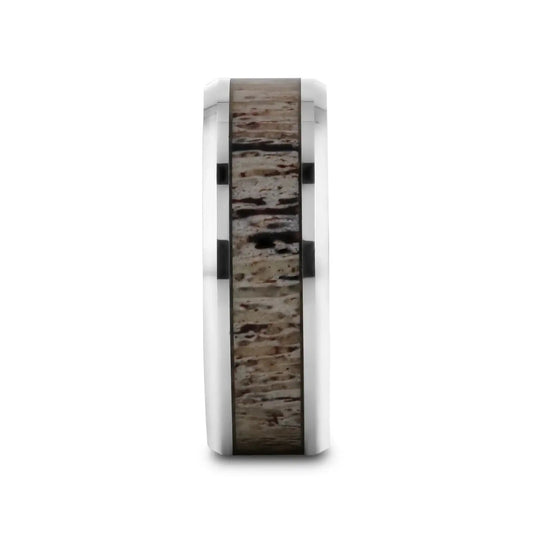 BUCK Polished Beveled Tungsten Carbide Men's Wedding Band with Ombre Deer Antler Inlay - 6mm & 8mm