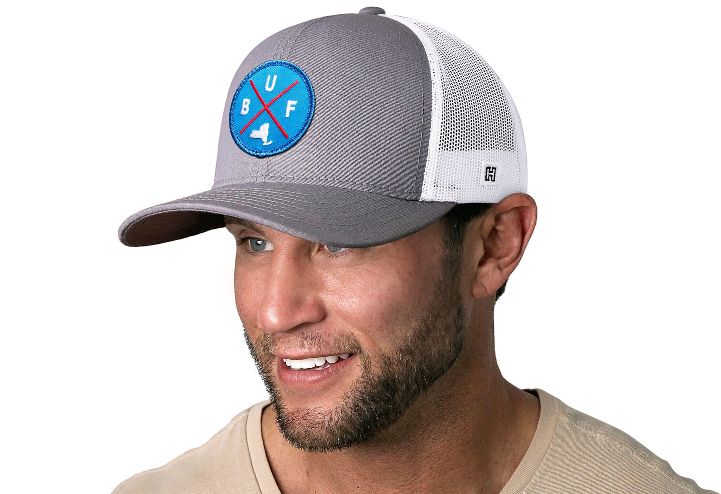 Buffalo Trucker Hat  |  Blue Red BUF X  |  Gray-White Snapback