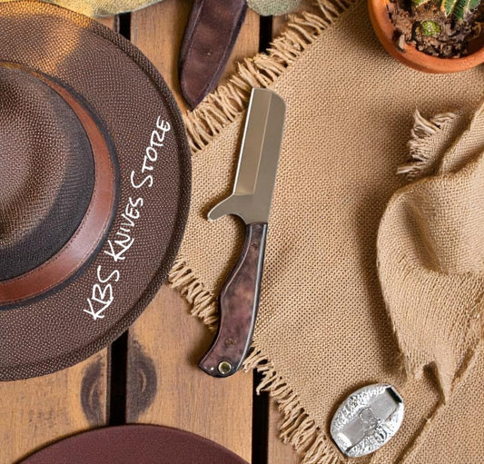 Cowboy Bull Cutter Knife – 8" D2 Steel Blade with Colored Bone Handle & Leather Sheath