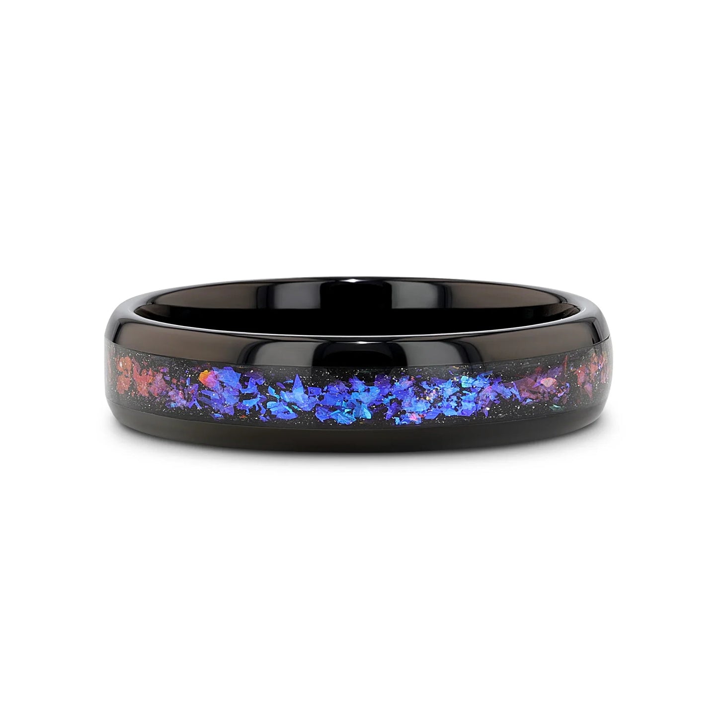 COSMIC Black Tungsten Ring with Crushed Alexandrite and Dark Blue & Purple Crushed Goldstone – 4mm to 8mm