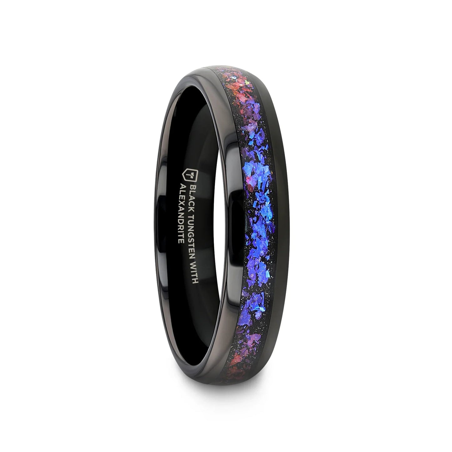 COSMIC Black Tungsten Ring with Crushed Alexandrite and Dark Blue & Purple Crushed Goldstone – 4mm to 8mm